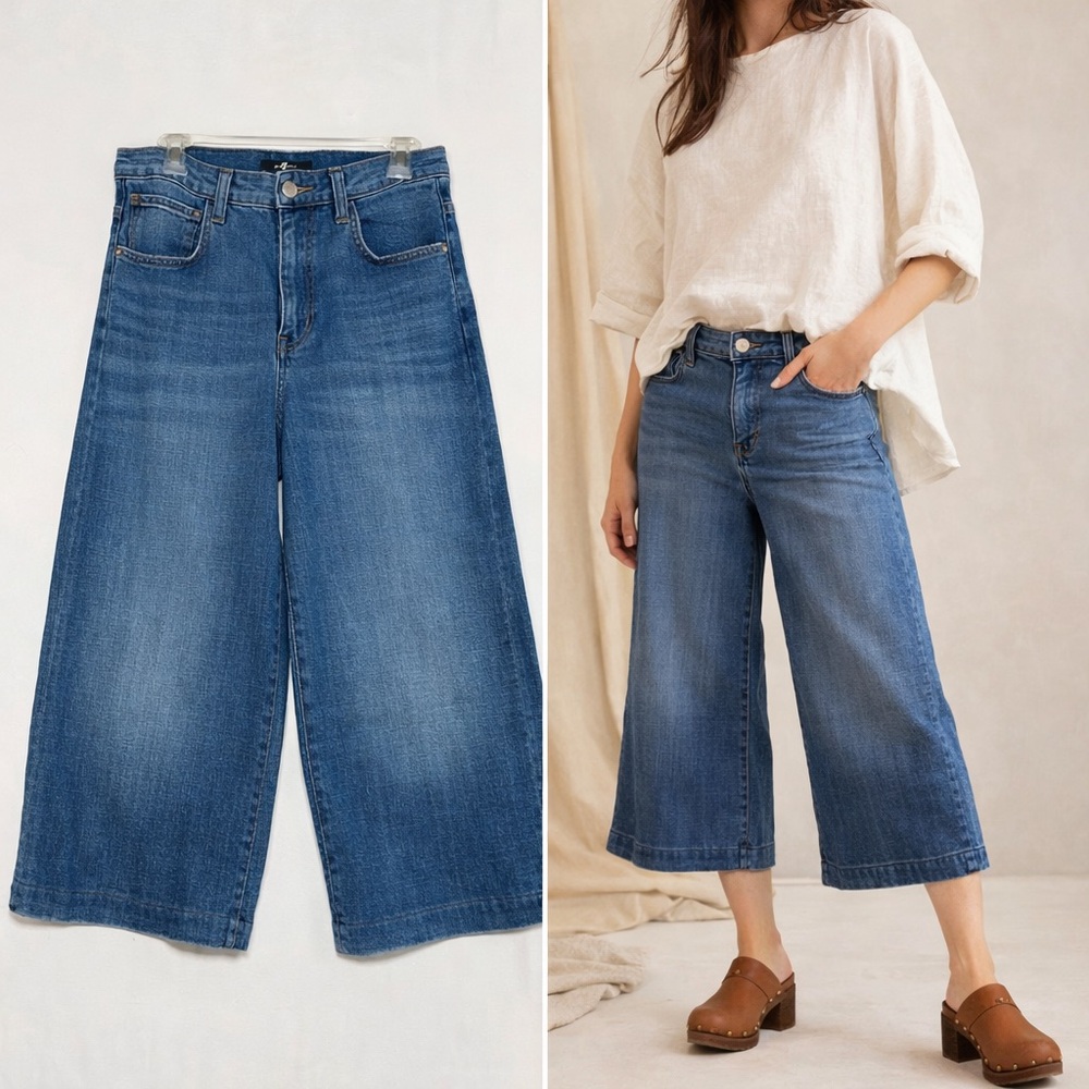 7 For All Mankind Wide Leg Cropped Jeans Medium Wash 28 Boho Gaucho Lagenlook